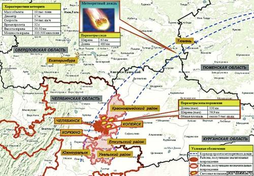 Карта метиоритного дождя в Челябинской области, Челябинский Метеорит